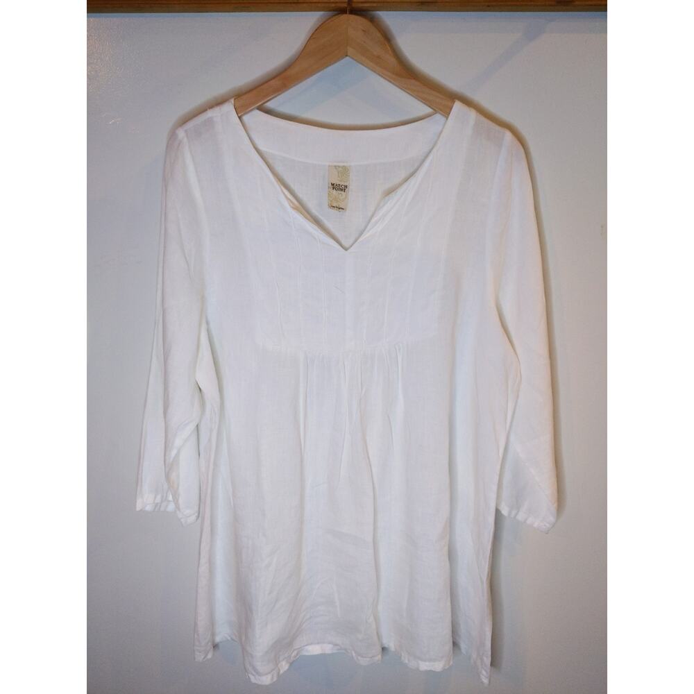 Match Point Los Angeles White Linen Tunic V-Neck 3/4 Sleeve Large Boho Beach